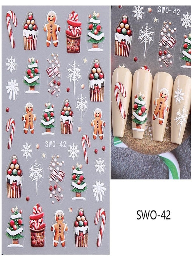 Maigitur 8Sheets Christmas Nail Art Stickers Gingerbread Nail Stickers 5D Embossed Self-Adhesive Elk Snowman Santa Xmas Tree Lantern Ball Canes Nail Decals for Women Girls Winter Holiday DIY Manicure - Image 4